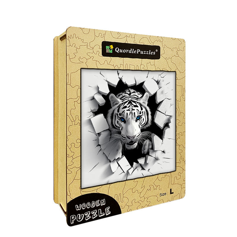3D biely tiger výbuch drevené puzzle