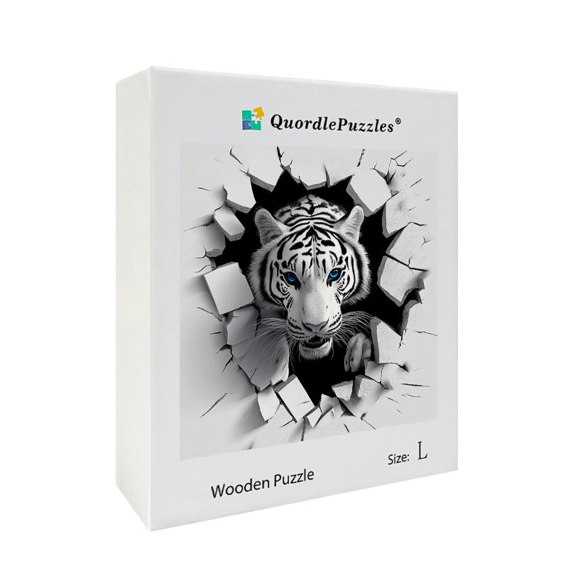 3D biely tiger výbuch drevené puzzle