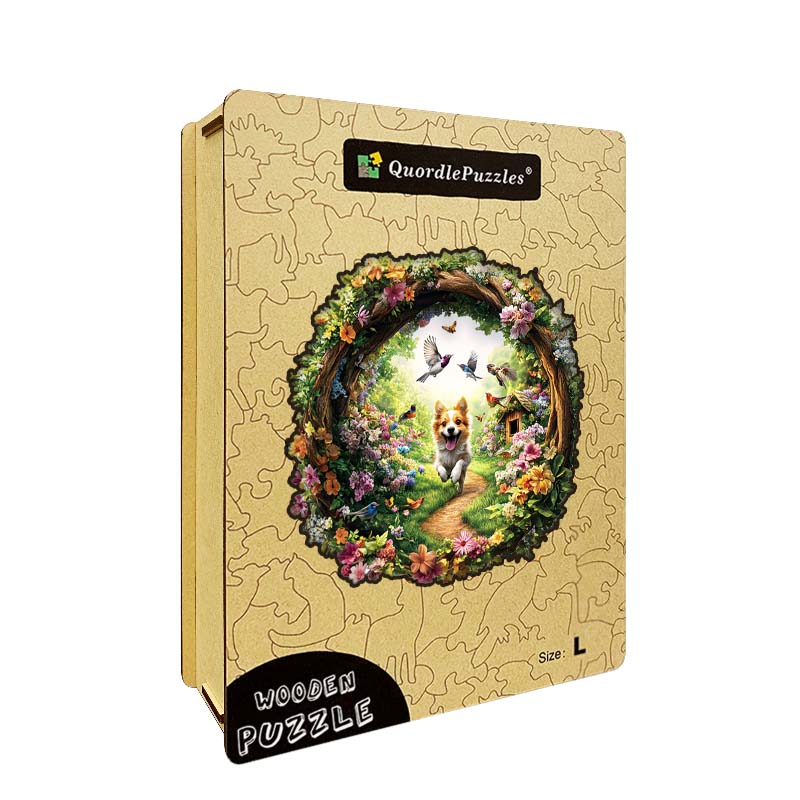 3D Drewniane Puzzle Pies w Kwiatowym Ogrodzie