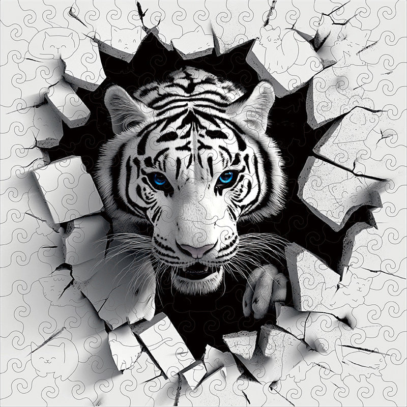 3D biely tiger výbuch drevené puzzle