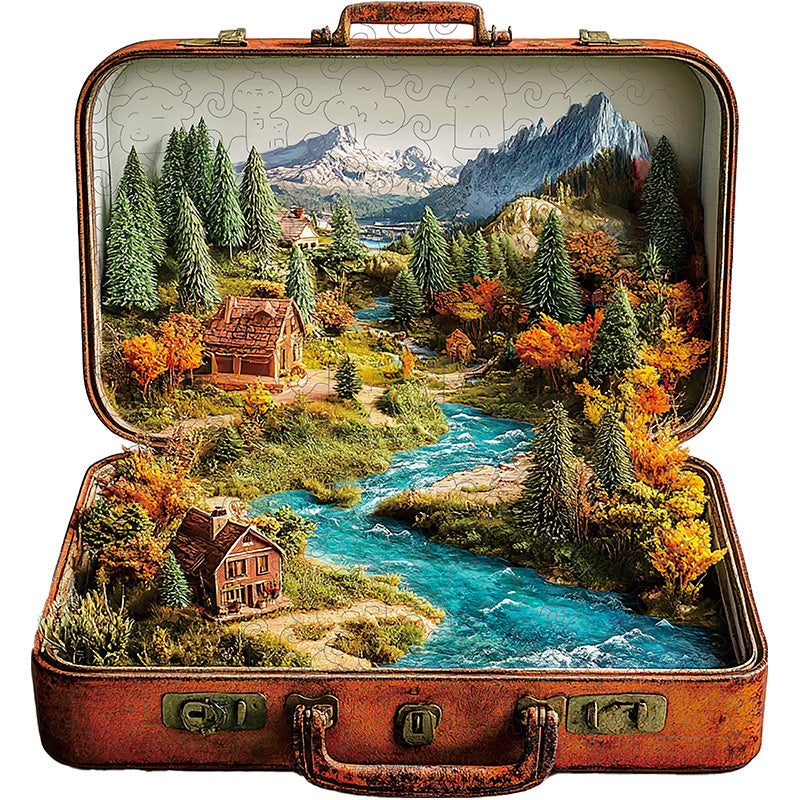 3D scénický kufor drevené puzzle