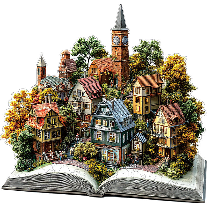 3D jeseňová dedina drevené puzzle