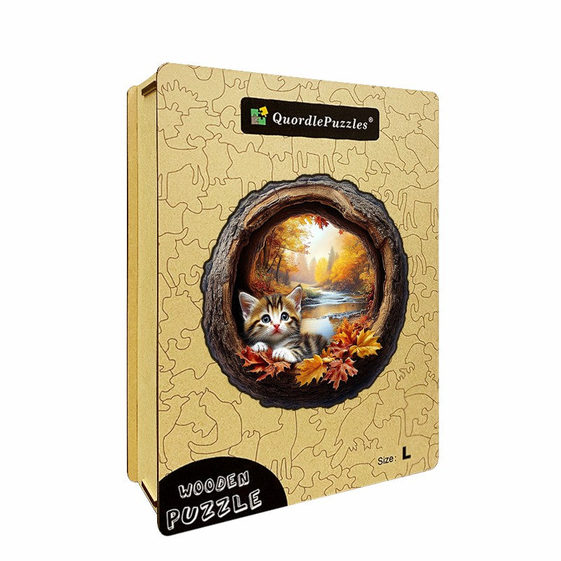 3D Drewniane Puzzle Jesienny Kotek