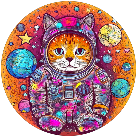 Zábavná drevená skladačka mačka astronaut