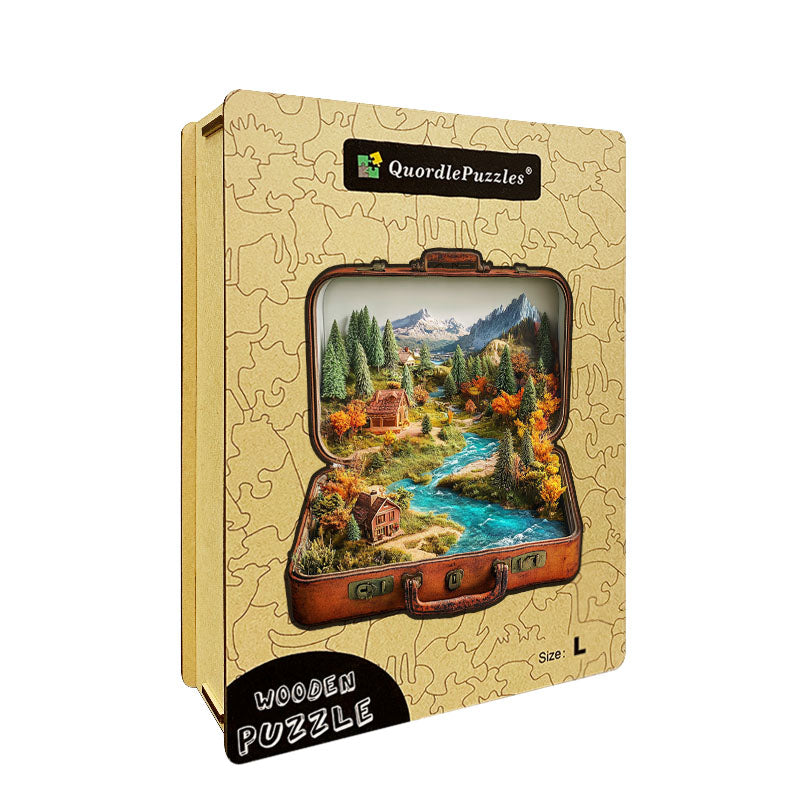 3D scénický kufor drevené puzzle